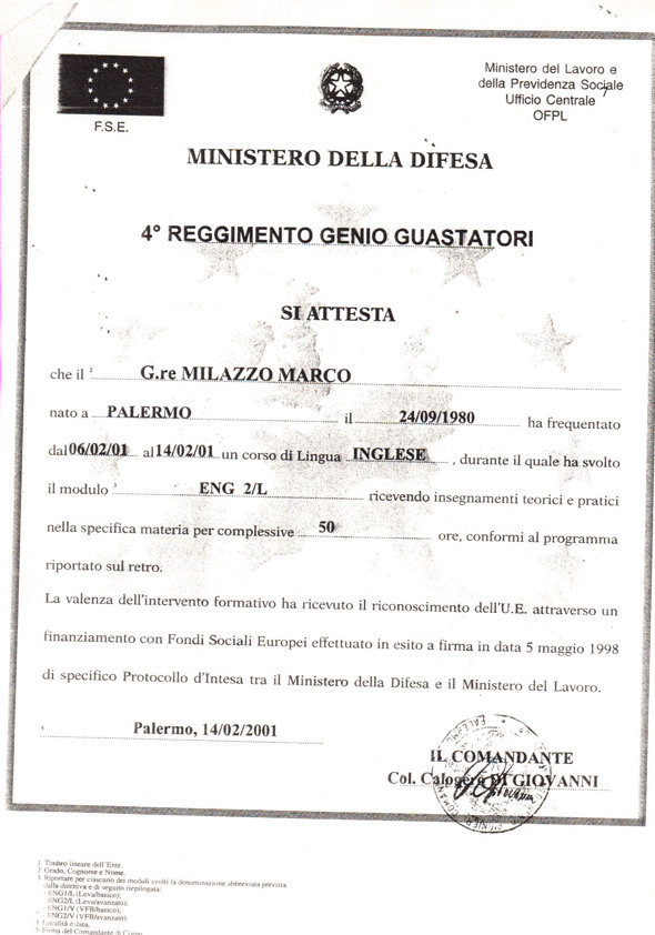 Euroformazione Difesa / F.S.E. - Certificato ENG 2/L